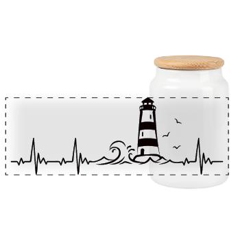 Lighthouse Sea Coast Heartbeat Frequency Pulse ECG - Panoramic Cookie Jar with Wooden Lid - white - Front