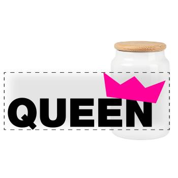 Queen Typo mit Krone / 2 Farben - Panorama Keksdose mit Holzdeckel - Weiß - Vorne