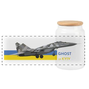 UKRAINE: Ghost Of Kyiv Fighter Jet - Panoramic Cookie Jar with Wooden Lid - white - Front