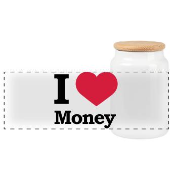 I love Money | Herz | Heart - Panoramic Cookie Jar with Wooden Lid - white - Front