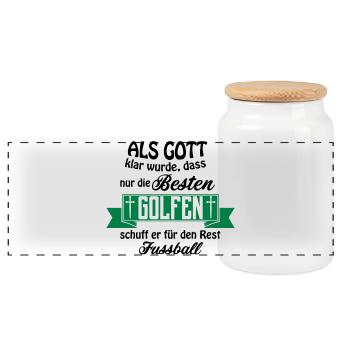 Als Gott Golfen Fussball - Panorama Keksdose mit Holzdeckel - Weiß - Vorne