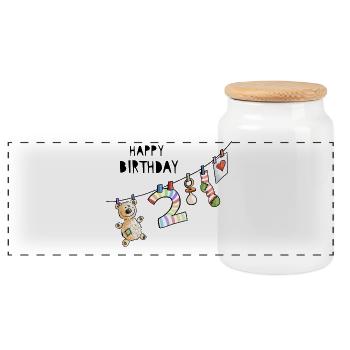 Happy Birthday - Second Birthday - Two years - Panoramic Cookie Jar with Wooden Lid - white - Front