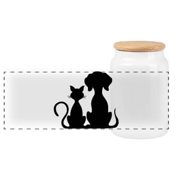 dog and cat - Panoramic Cookie Jar with Wooden Lid - white - Front