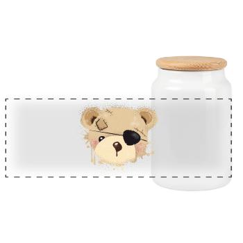 Teddy with eye patch - Panoramic Cookie Jar with Wooden Lid - white - Front