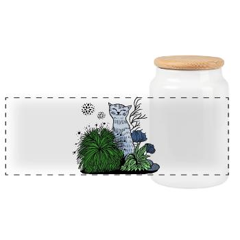 Smiling cat in foliage - Panoramic Cookie Jar with Wooden Lid - white - Front