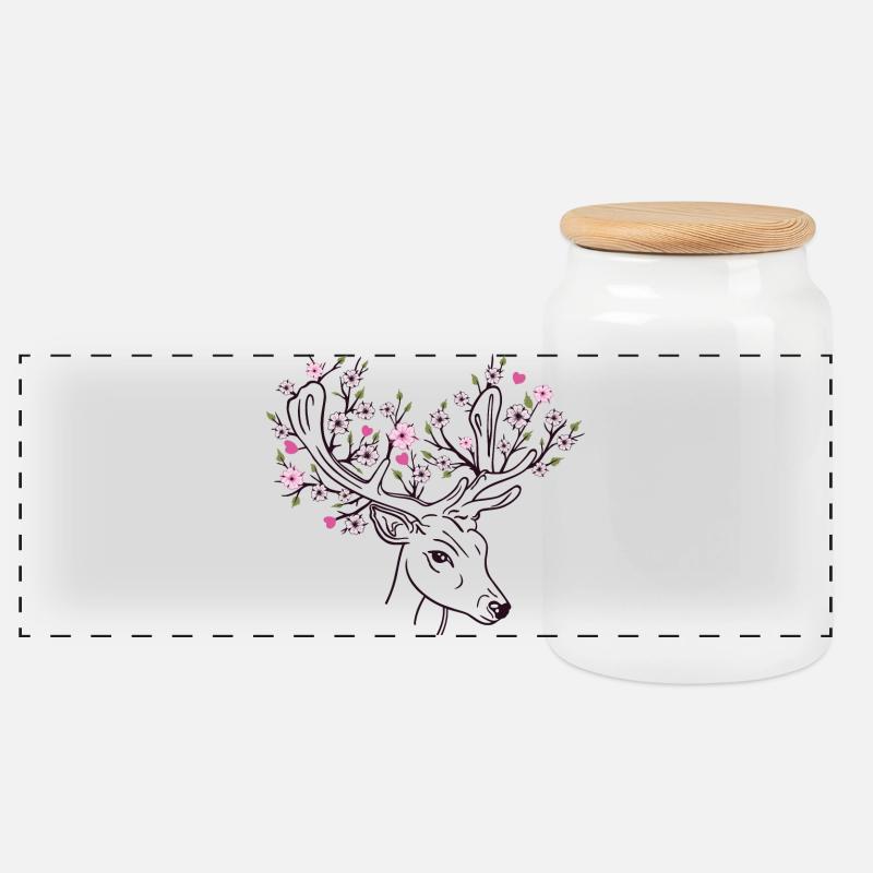 Hirschgeweih Hirsch Blüten Blumen Floral Frühling - Panorama Keksdose mit Holzdeckel - Weiß