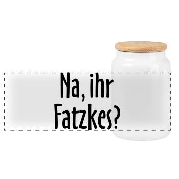 Lustiger Berlin Spruch: Na, ihr Fatzkes? - Panorama Keksdose mit Holzdeckel - Weiß - Vorne