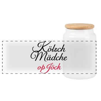 Kölsch Mädche op Jöck - Mädchen aus Köln unterwegs - Panorama Keksdose mit Holzdeckel - Weiß - Vorne