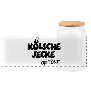 Kölsche Jecke op Tour Köln mit Kölner Dom - Panorama Keksdose mit Holzdeckel - Weiß - Vorne