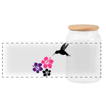 Hummingbird, colibri with hibiscus flowers. - Panoramic Cookie Jar with Wooden Lid - white - Front
