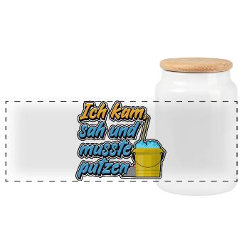 Ich kam, sah und musste putzen - Panorama Keksdose mit Holzdeckel - Weiß - Vorne