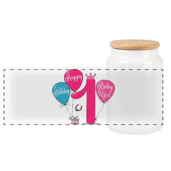 Happy Birthday 1 Baby Girl - Panoramic Cookie Jar with Wooden Lid - white - Front