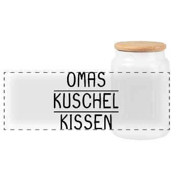 Omas Kuschelkissen Kissen Kissenbezug - Panorama Keksdose mit Holzdeckel - Weiß - Vorne