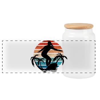 Surfer Girl Sunset - Panoramic Cookie Jar with Wooden Lid - white - Front