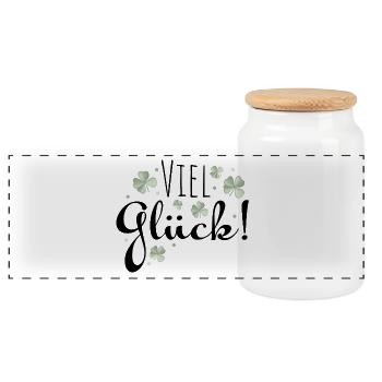 Viel Glück Glueck ! Kleeblätter - Panorama Keksdose mit Holzdeckel - Weiß - Vorne