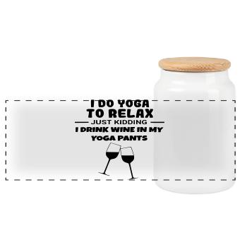 I do yoga to relax, and I drink wine # - Panoramic Cookie Jar with Wooden Lid - white - Front