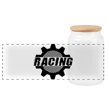 Rennsport - Motorsport Zahnrad - Auto Auto Fenster - Panorama Keksdose mit Holzdeckel - Weiß - Vorne