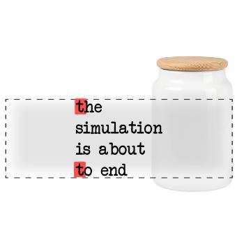 The End of Simulation, Sci-Fi Matrix Humor Shirt - Panoramic Cookie Jar with Wooden Lid - white - Front