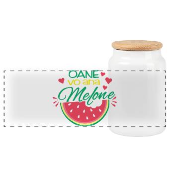 oane vo ana Melone - eine von einer Melone - Panorama Keksdose mit Holzdeckel - Weiß - Vorne