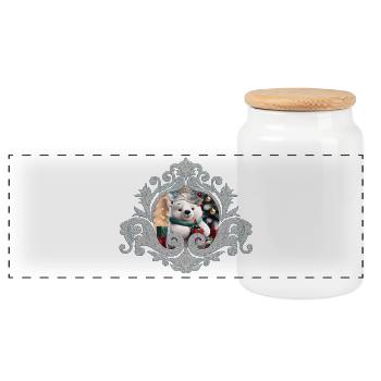 Cute fluffy Christmas polar bear with gift. - Panoramic Cookie Jar with Wooden Lid - white - Front