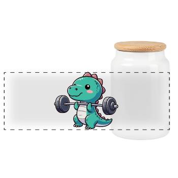 Dino T-Rex Workout Hantel Bankdrücken Design - Panorama Keksdose mit Holzdeckel - Weiß - Vorne