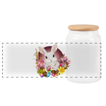 white rabbit with easter eggs as easter bunny - Panoramic Cookie Jar with Wooden Lid - white - Front