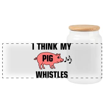 I think my pig whistles - Panoramic Cookie Jar with Wooden Lid - white - Front