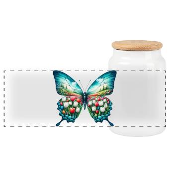 Schmetterling Blumen Tulpen Tulpe - Panorama Keksdose mit Holzdeckel - Weiß - Vorne