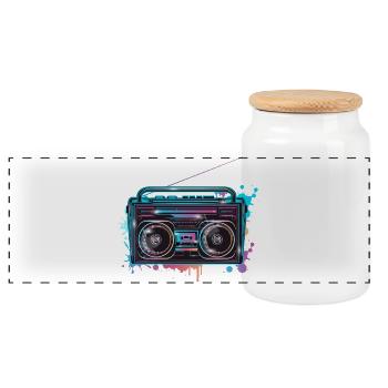 Kassetten Recorder im 80er Neon Graffiti Look - Panorama Keksdose mit Holzdeckel - Weiß - Vorne