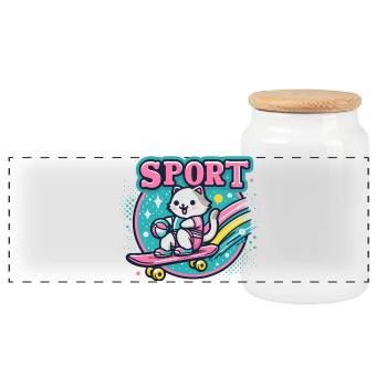 Katzensport: Skateboard-Petdesign Sport Cat  - Panorama Keksdose mit Holzdeckel - Weiß - Vorne