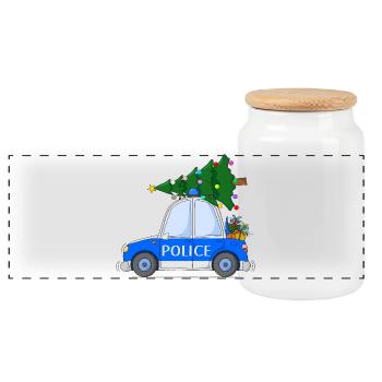 Police Car Police Christmas - Panoramic Cookie Jar with Wooden Lid - white - Front