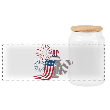 Patriotic Raccoon Fireworks - Panoramic Cookie Jar with Wooden Lid - white - Front