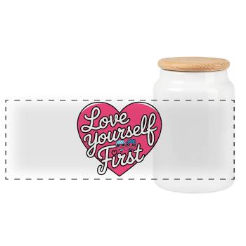 love yourself first Galentine's Day 2026 - Panoramic Cookie Jar with Wooden Lid - white - Front
