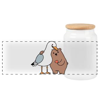 North Sea Seagull Brown Bear Friendship Love Lean - Panoramic Cookie Jar with Wooden Lid - white - Front