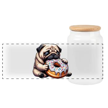 Süßer Mops mit Donut Cartoon lustig Naschen - Panorama Keksdose mit Holzdeckel - Weiß - Vorne