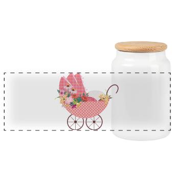 Verspielter Blumen-Kinderwagen –Romantisches Motiv - Panorama Keksdose mit Holzdeckel - Weiß - Vorne