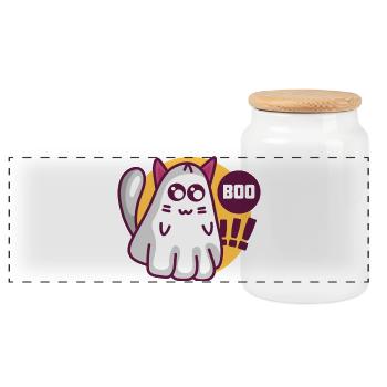 Boo Katze - Süße Geisterkatze - Panorama Keksdose mit Holzdeckel - Weiß - Vorne