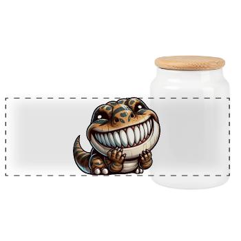 Cute Shy T-Rex Dinosaur Cartoon - Panoramic Cookie Jar with Wooden Lid - white - Front