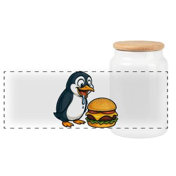 Funny Penguin Cheeseburger Fast Food Cartoon - Panoramic Cookie Jar with Wooden Lid - white - Front