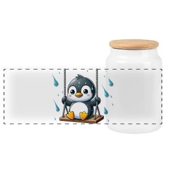 Kawaii Penguin Introvert Emotional Vibes Rain - Panoramic Cookie Jar with Wooden Lid - white - Front