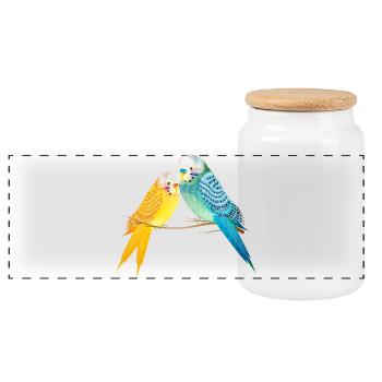Zwei Wellensittiche auf Ast in Pastellfarben - Panorama Keksdose mit Holzdeckel - Weiß - Vorne