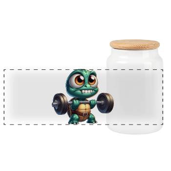 Cool Turtle Dumbbell Weightlifter Cartoon - Panoramic Cookie Jar with Wooden Lid - white - Front