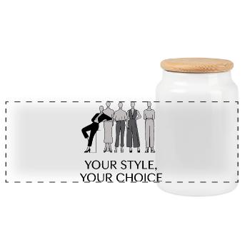Elegant Monochrome Fashion Illustration Set - Panoramic Cookie Jar with Wooden Lid - white - Front