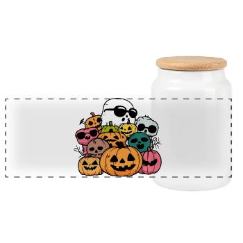 Citrouilles d'Halloween ludiques avec des lunettes de soleil - Boîte à biscuits avec couvercle en bois - blanc - Devant