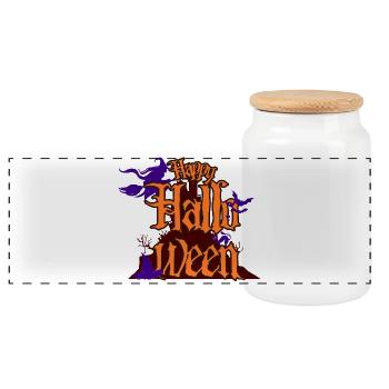 Schriftzug Happy Halloween mit Spooky House - Panorama Keksdose mit Holzdeckel - Weiß - Vorne