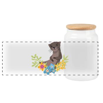 Sea Otter Cartoon Flower Floral - Panoramic Cookie Jar with Wooden Lid - white - Front