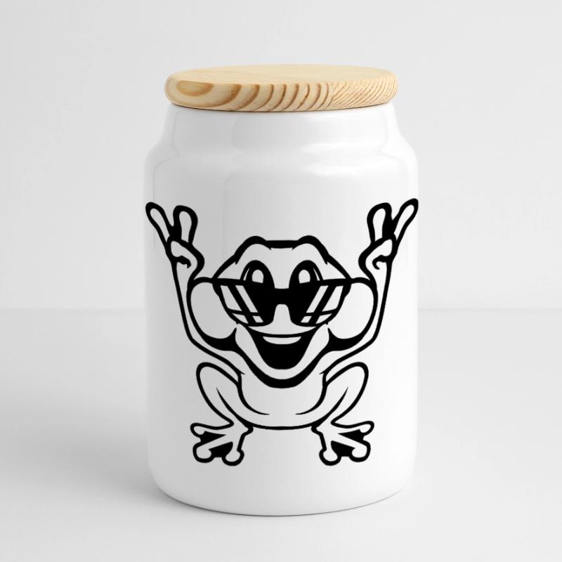 Frog Toad Cool Sunglasses Victory Peace Hands Panoramic Cookie Jar with Wooden Lid