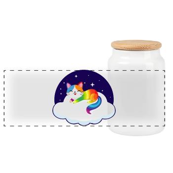 Motley cat floats on cloud (night) - Panoramic Cookie Jar with Wooden Lid - white - Front