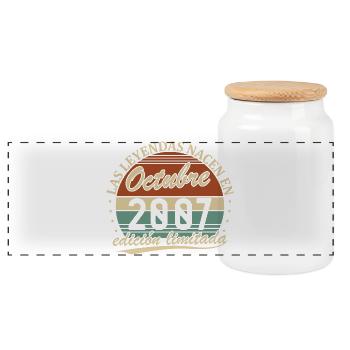 October 2007 Vintage Retro Birthday Gift - Panoramic Cookie Jar with Wooden Lid - white - Front