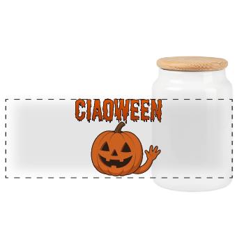 Halloween? Ciaoween! Lustiger Wortwitz zum gruseln - Panorama Keksdose mit Holzdeckel - Weiß - Vorne